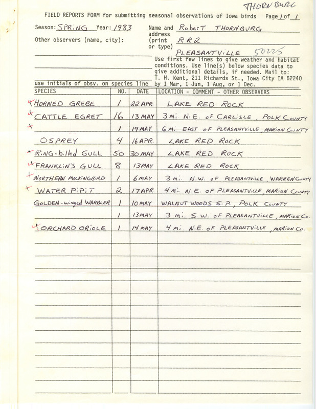 Spring report of birds and locations contributed by Robert E. Thornburg. This item was used as supporting documentation for the Iowa Ornithologists' Union Quarterly field report of spring 1983.