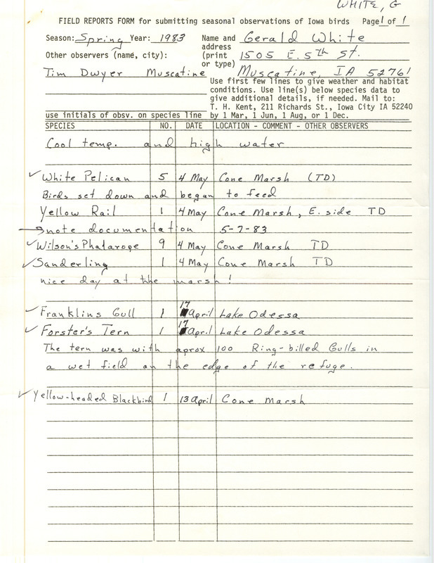 Spring report of birds found in eastern Iowa contributed by Gerald White. This item was used as supporting documentation for the Iowa Ornithologists' Union Quarterly field report of spring 1983.