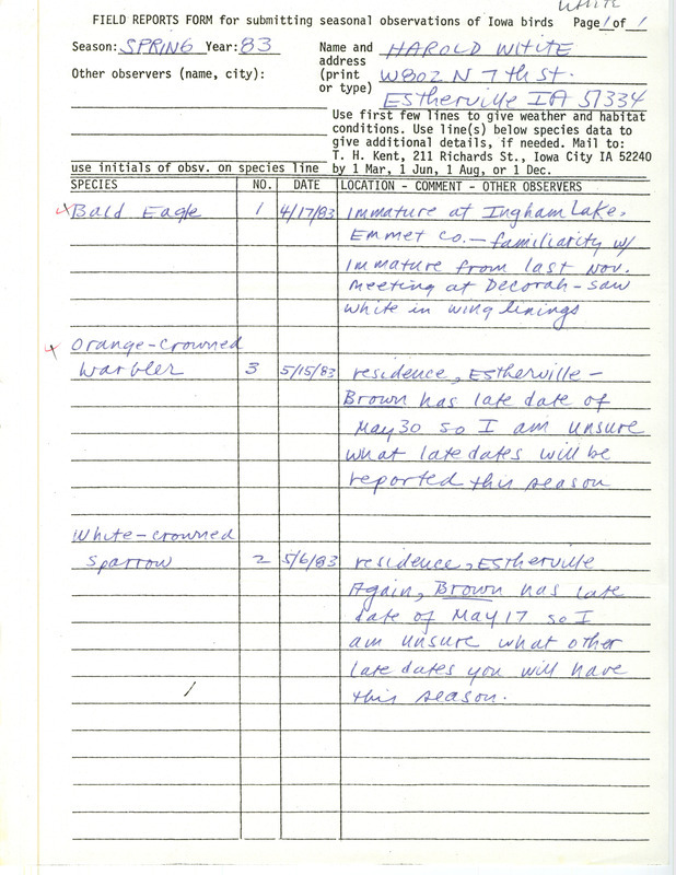 Spring report of birds found in Emmet County contributed by Harold W. White. This item was used as supporting documentation for the Iowa Ornithologists' Union Quarterly field report of spring 1983.