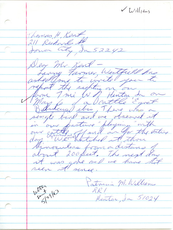 Letter from Patricia M. Williams to Thomas H. Kent regarding a Cattle Egret sighting, May 29, 1983. This item was used as supporting documentation for the Iowa Ornithologists' Union Quarterly field report of spring 1983.