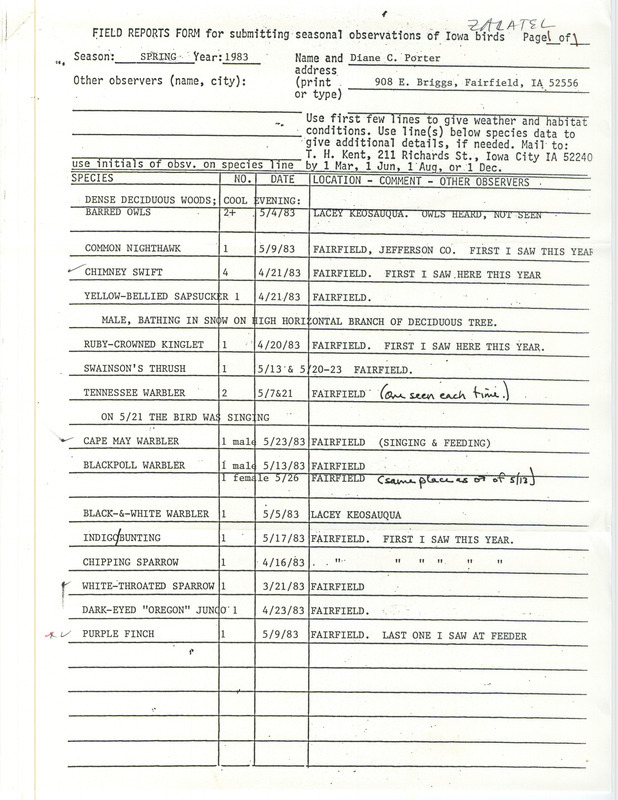 Spring report of birds contributed by Diane C. Porter. Verifying documentation of an extraordinary sighting of a Lincoln's Sparrow is included. This item was used as supporting documentation for the Iowa Ornithologists' Union Quarterly field report of spring 1983.