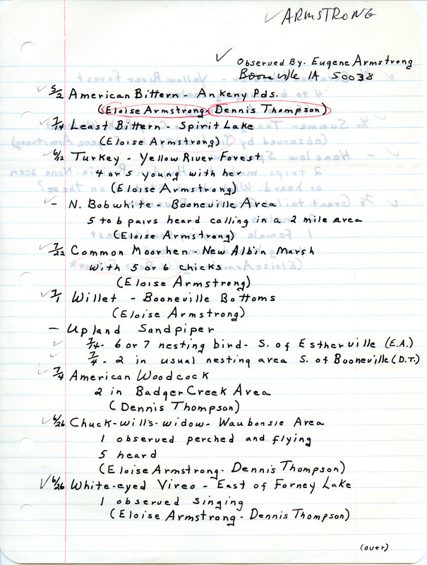 A list of birds sighted by Eugene Armstrong and others. This item was used as supporting documentation for the Iowa Ornithologists Union Quarterly field report of Summer 1983.