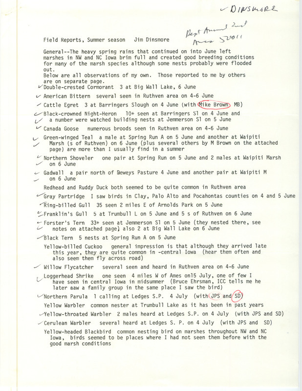 A list of birds sighted by Jim Dinsmore and others. This item was used as supporting documentation for the Iowa Ornithologists Union Quarterly field report of Summer 1983.