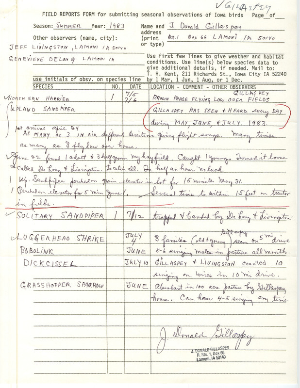 An annotated list of birds sighted by J. Donald Gillaspey and others. This item was used as supporting documentation for the Iowa Ornithologists Union Quarterly field report of Summer 1983.