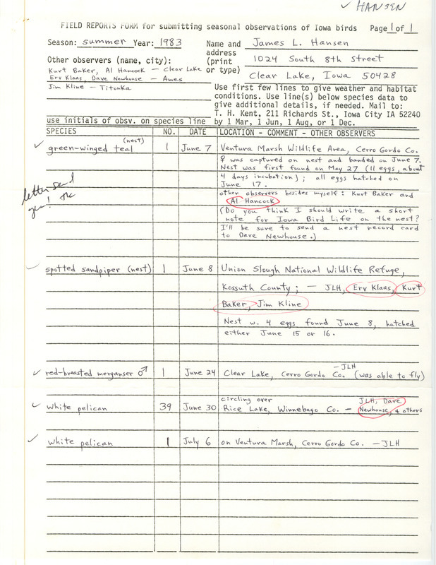 An annotated list of birds sighted by James Hansen and others. This item was used as supporting documentation for the Iowa Ornithologists Union Quarterly field report of Summer 1983.