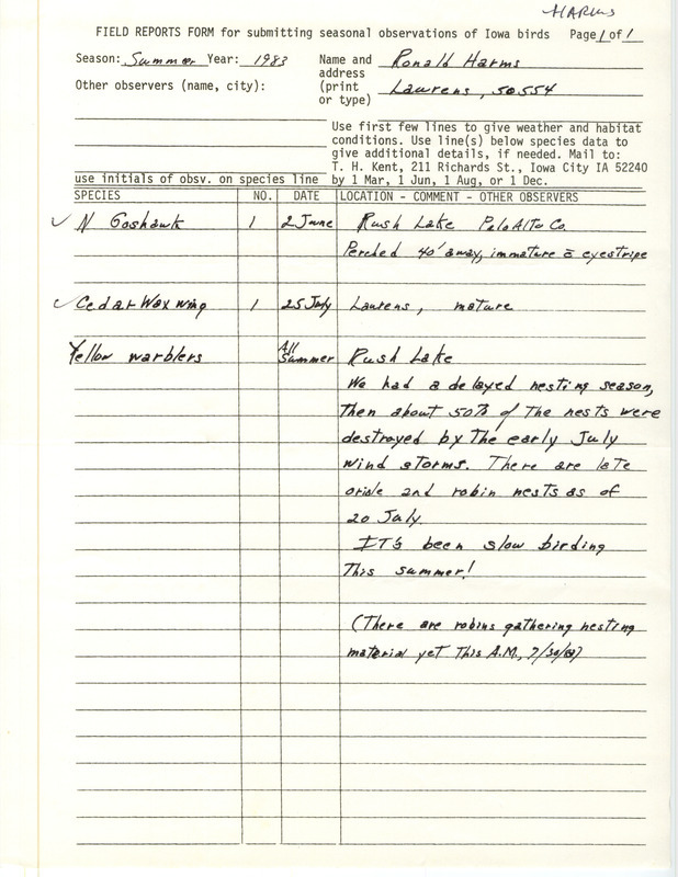 An annotated list of birds sighted by Ronald Harms. This item was used as supporting documentation for the Iowa Ornithologists Union Quarterly field report of Summer 1983.