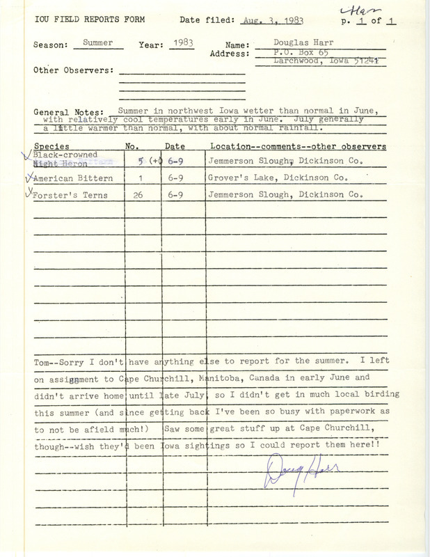 An annotated list of birds sighted by Douglas Harr. This item was used as supporting documentation for the Iowa Ornithologists Union Quarterly field report of Summer 1983.