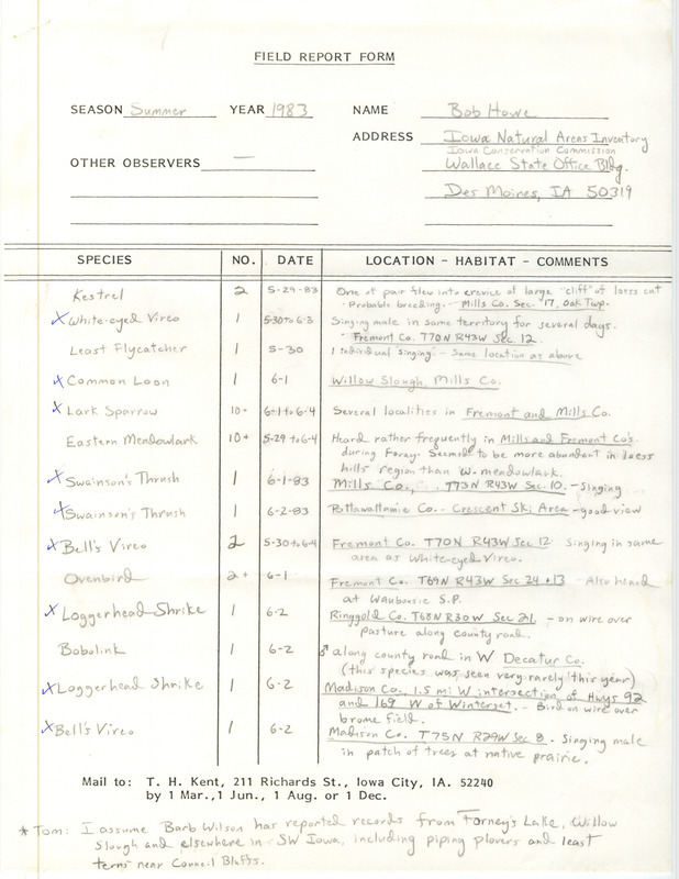 An annotated list of birds sighted by Bob Howe. This item was used as supporting documentation for the Iowa Ornithologists Union Quarterly field report of Summer 1983.