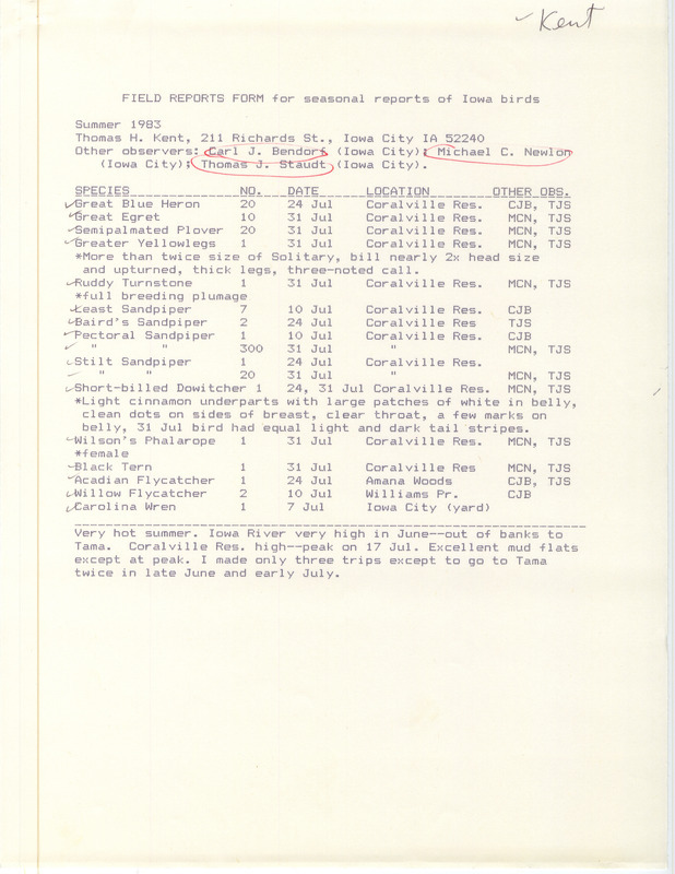 An annotated list of birds sighted by Thomas Kent and others. This item was used as supporting documentation for the Iowa Ornithologists Union Quarterly field report of Summer 1983.