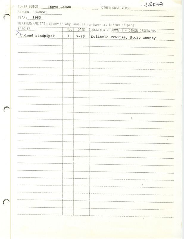 An annotated list of birds sighted by Steve Lekwa. This item was used as supporting documentation for the Iowa Ornithologists Union Quarterly field report of Summer 1983.