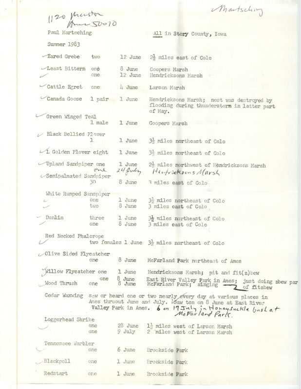 An annotated list of birds sighted by Paul Martsching. This item was used as supporting documentation for the Iowa Ornithologists Union Quarterly field report of Summer 1983.