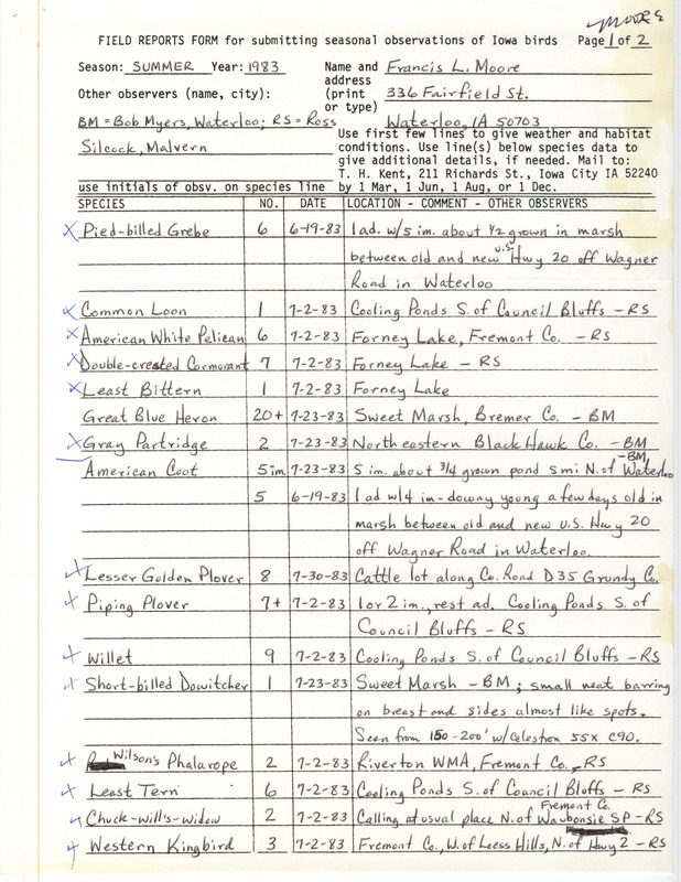 An annotated list of birds sighted by Francis Moore. This item was used as supporting documentation for the Iowa Ornithologists Union Quarterly field report of Summer 1983.