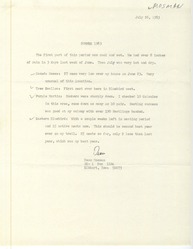 An annotated list of birds sighted by Dean Mosman. This item was used as supporting documentation for the Iowa Ornithologists Union Quarterly field report of Summer 1983.