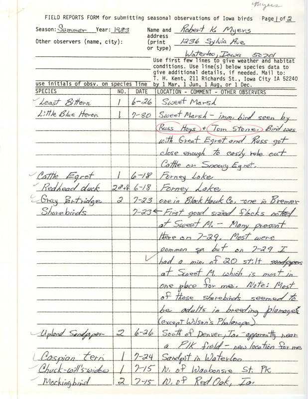 An annotated list of birds sighted by Robert Myers and others. This item was used as supporting documentation for the Iowa Ornithologists Union Quarterly field report of Summer 1983.