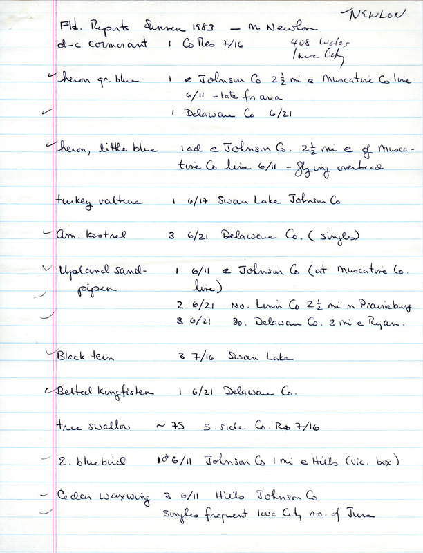 An annotated list of birds sighted by Michael Newlon. This item was used as supporting documentation for the Iowa Ornithologists Union Quarterly field report of Summer 1983.