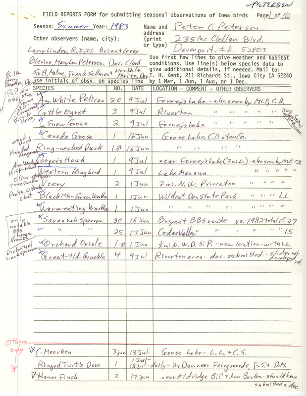 An annotated list of birds sighted by Peter Petersen and others. Also includes the report: Supplementary breeding bird census of Big Sand Mound Nature Preserve Louisa County, Iowa, 1983. This item was used as supporting documentation for the Iowa Ornithologists Union Quarterly field report of Summer 1983.