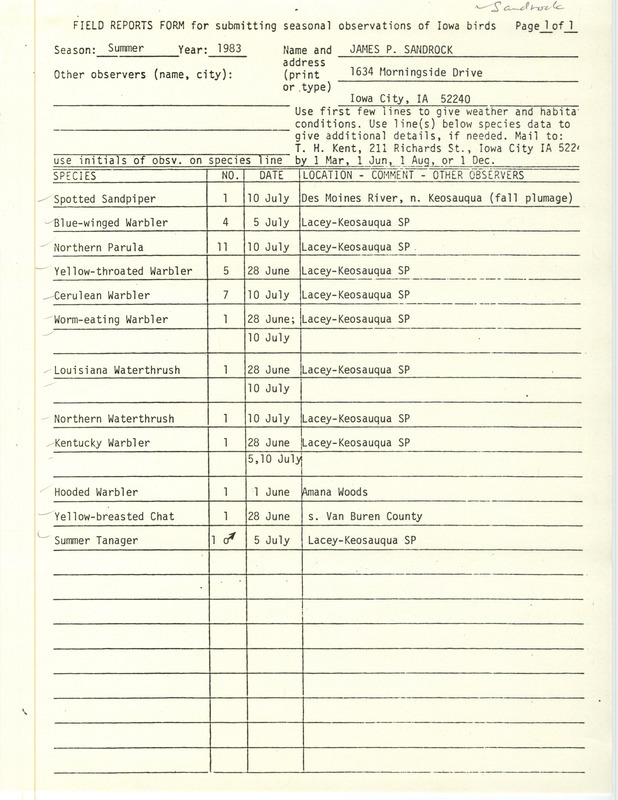 An annotated list of birds sighted by James Sandrock. This item was used as supporting documentation for the Iowa Ornithologists Union Quarterly field report of Summer 1983.