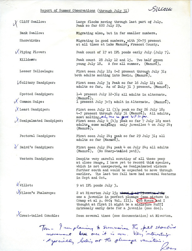 An annotated list of birds sighted by Ross Silcock. This item was used as supporting documentation for the Iowa Ornithologists Union Quarterly field report of Summer 1983.