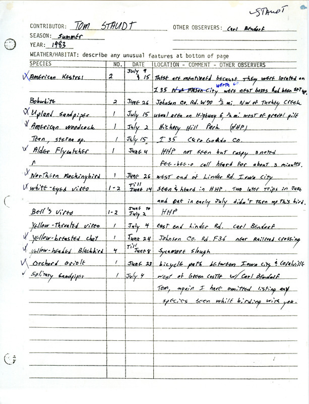 An annotated list of birds sighted by Tom Staudt. This item was used as supporting documentation for the Iowa Ornithologists Union Quarterly field report of Summer 1983.