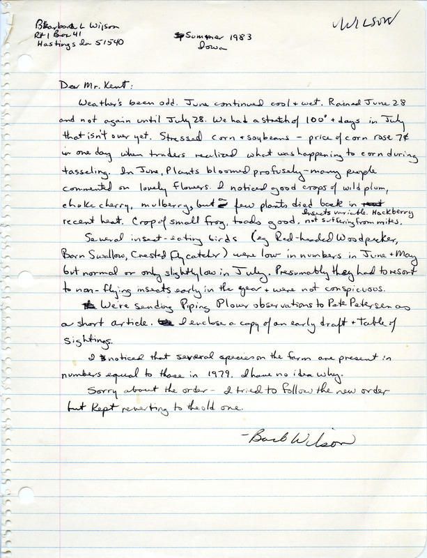 Letter includes a list of birds sighted by Barb Wilson and others. This item was used as supporting documentation for the Iowa Ornithologists Union Quarterly field report of Summer 1983.