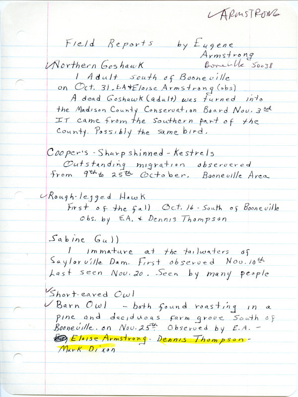 An annotated list of birds sighted by Eugene Armstrong and others. This item was used as supporting documentation for the Iowa Ornithologists Union Quarterly field report of Fall 1983.