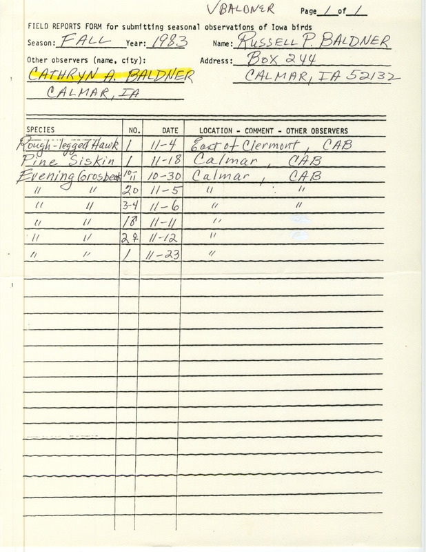 An annotated list of birds sighted by Russell Baldner. This item was used as supporting documentation for the Iowa Ornithologists Union Quarterly field report of fall 1983.