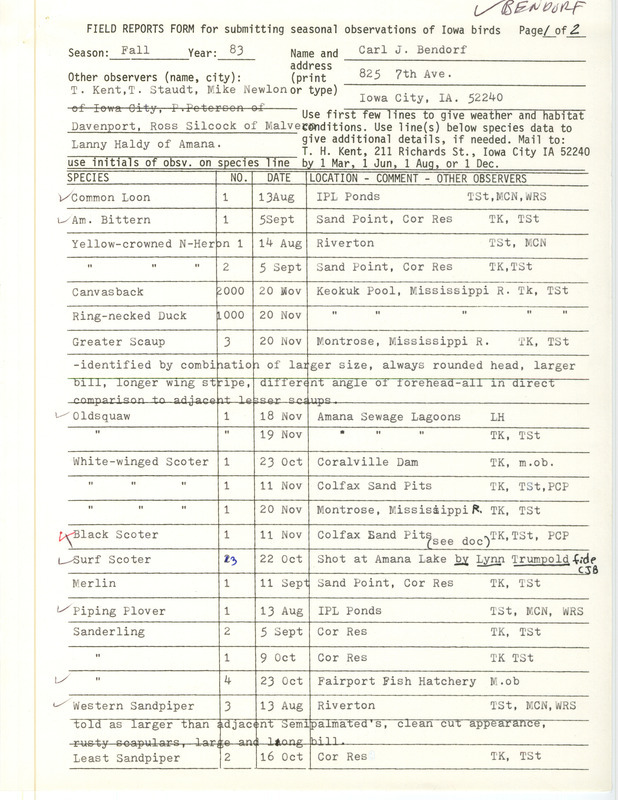 An annotated list of birds sighted by Carl Bendorf and others. This item was used as supporting documentation for the Iowa Ornithologists Union Quarterly field report of fall 1983.