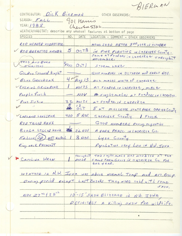 An annotated list of birds sighted by Dick Bierman. This item was used as supporting documentation for the Iowa Ornithologists Union Quarterly field report of fall 1983.