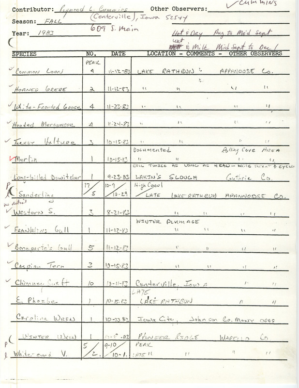 An annotated list of birds sighted by Raymond Cummins. This item was used as supporting documentation for the Iowa Ornithologists Union Quarterly field report of fall 1983.