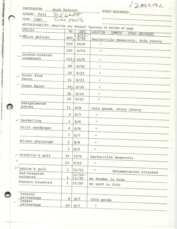 An annotated list of birds sighted by Hank Zaletel. Includes counts for the International Shorebird Survey. This item was used as supporting documentation for the Iowa Ornithologists Union Quarterly field report of fall 1983.