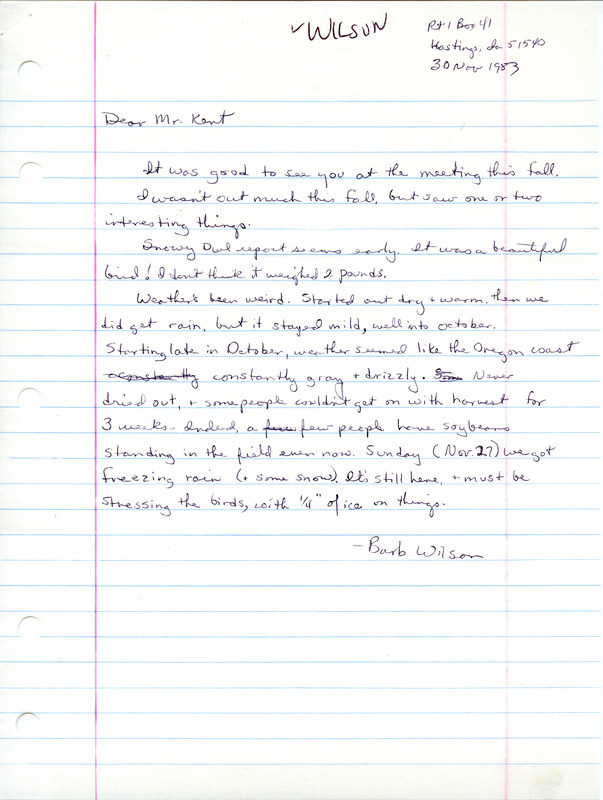 Letter from Barb Wilson to Thomas Kent discussing the recent weather and including a list of birds sighted by Barb Wilson and others. This item was used as supporting documentation for the Iowa Ornithologists Union Quarterly field report of fall 1983.