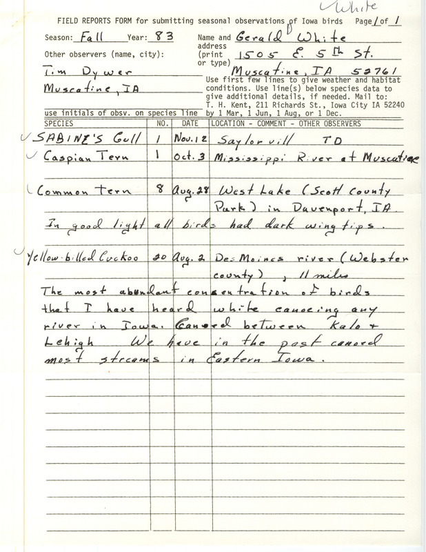 An annotated list of birds sighted by Gerald White. This item was used as supporting documentation for the Iowa Ornithologists Union Quarterly field report of Fall 1983.