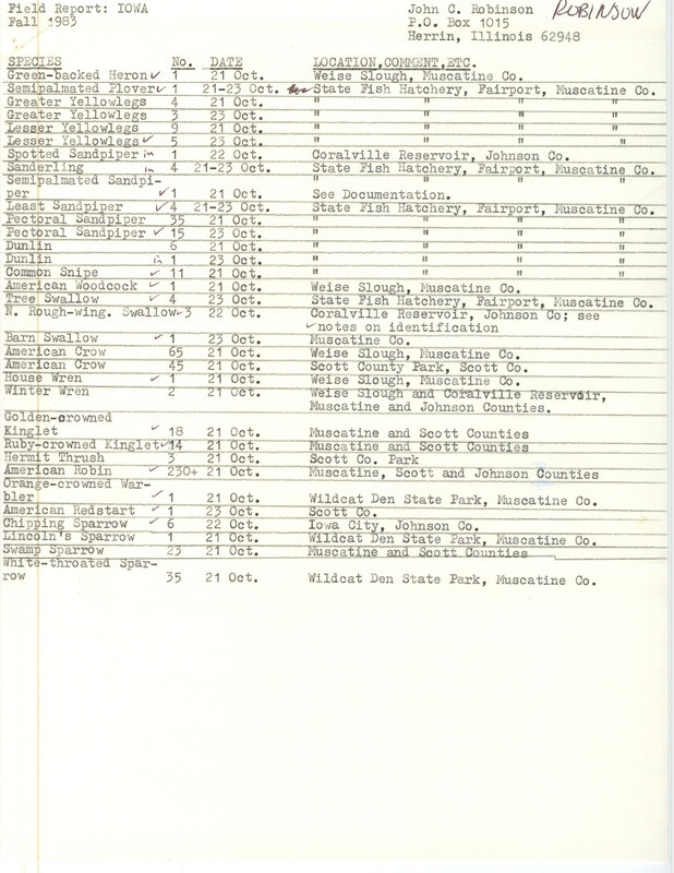 An annotated list of birds sighted by John Robinson. Includes a letter thanking Thomas Kent for the field trips. This item was used as supporting documentation for the Iowa Ornithologists Union Quarterly field report of fall 1983.