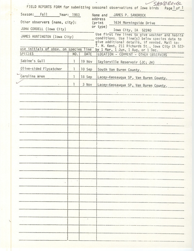 An annotated list of birds sighted by James Sandrock. This item was used as supporting documentation for the Iowa Ornithologists Union Quarterly field report of Fall 1983.