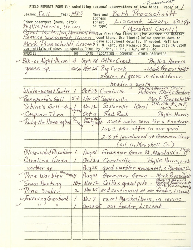 An annotated list of birds sighted by Beth Proescholdt and others. Includes a letter regarding a sighting of Tundra Swans. This item was used as supporting documentation for the Iowa Ornithologists Union Quarterly field report of fall 1983.