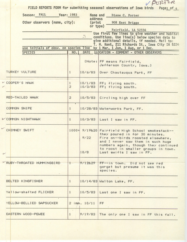 An annotated list of birds sighted by Diane Porter. This item was used as supporting documentation for the Iowa Ornithologists Union Quarterly field report of fall 1983.