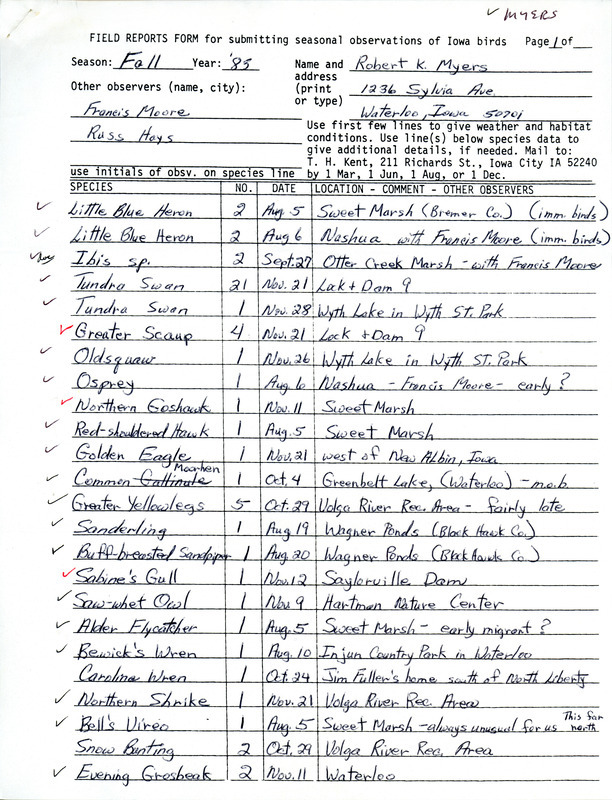 An annotated list of birds sighted by Robert Myers and others. Includes identification notes for five of the sightings. This item was used as supporting documentation for the Iowa Ornithologists Union Quarterly field report of fall 1983.