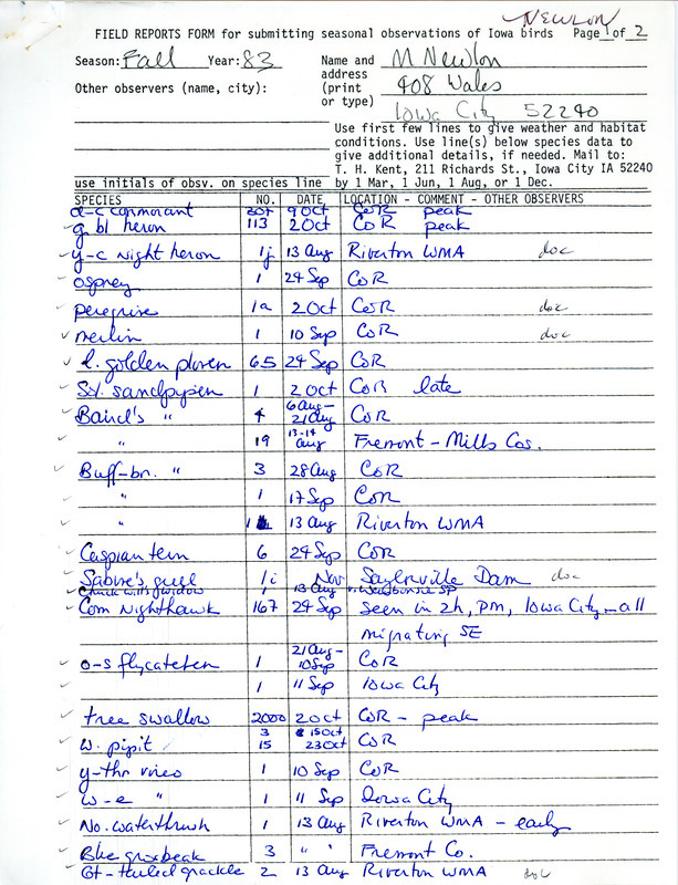 An annotated list of birds sighted by Michael Newlon. Includes identification notes for Dowitchers and Sandpipers. This item was used as supporting documentation for the Iowa Ornithologists Union Quarterly field report of fall 1983.