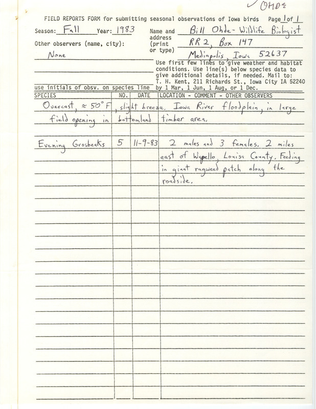 An annotated list of birds sighted by Bill Ohde. This item was used as supporting documentation for the Iowa Ornithologists Union Quarterly field report of Fall 1983.