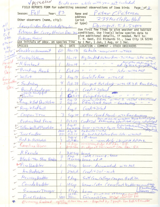 An annotated list of birds sighted by Peter Petersen and others. This item was used as supporting documentation for the Iowa Ornithologists Union Quarterly field report of fall 1983.