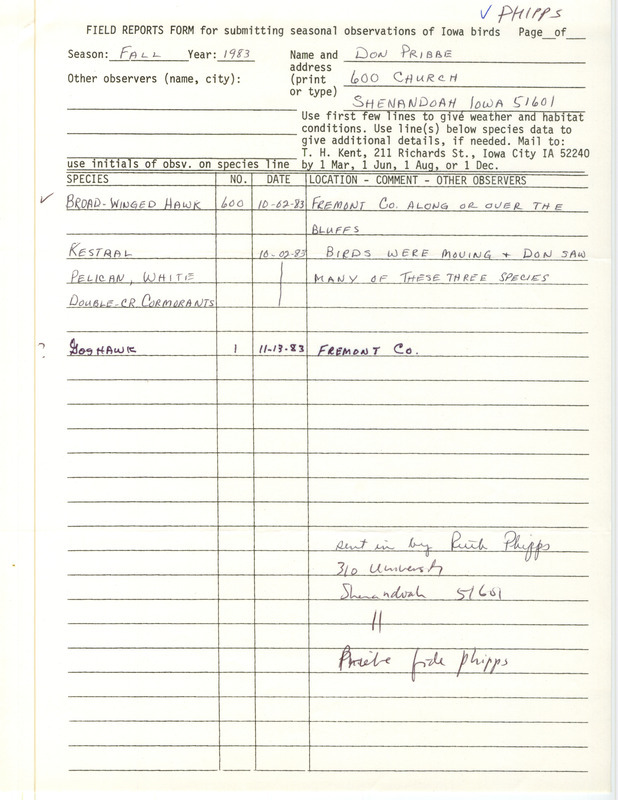 An annotated list of birds sighted by Don Priebe submitted by Ruth Phipps. This item was used as supporting documentation for the Iowa Ornithologists Union Quarterly field report of fall 1983.