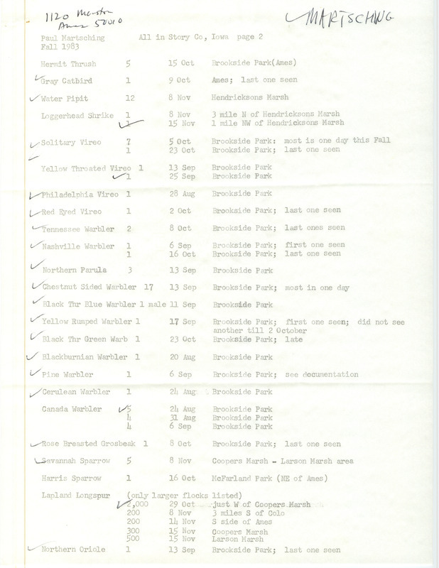 An annotated list of birds sighted by Paul Martsching. This item was used as supporting documentation for the Iowa Ornithologists Union Quarterly field report of fall 1983.