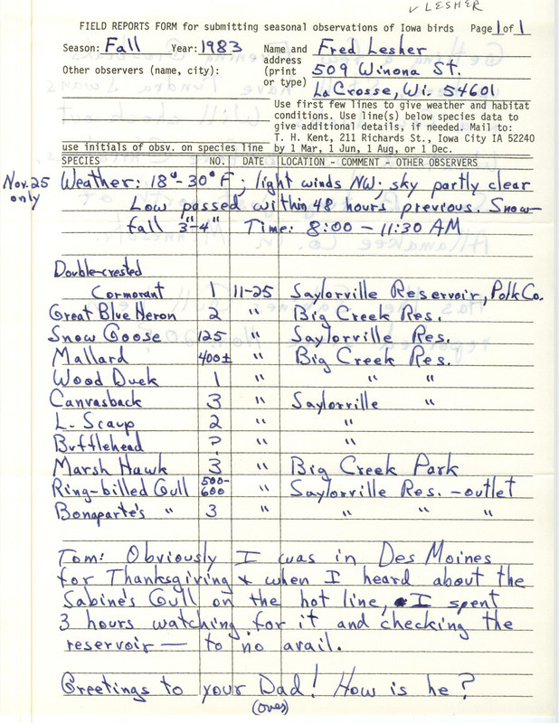 An annotated list of birds sighted by Fred Lesher. This item was used as supporting documentation for the Iowa Ornithologists Union Quarterly field report of fall 1983.