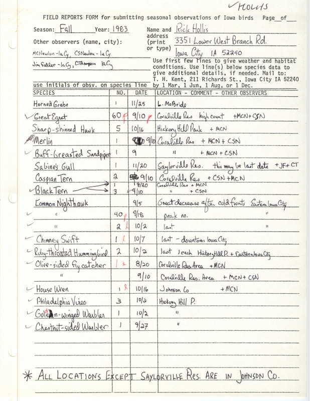 An annotated list of birds sighted by Rick Hollis and others. This item was used as supporting documentation for the Iowa Ornithologists Union Quarterly field report of Fall 1983.