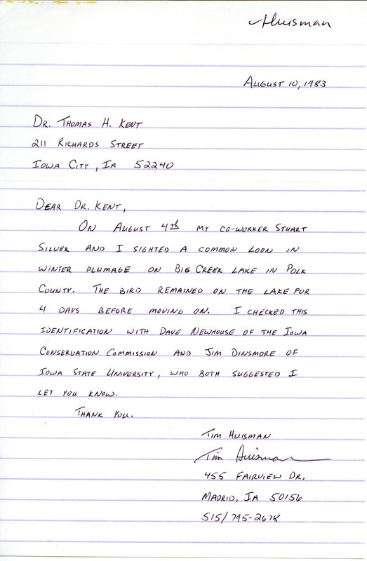 Tim Huisman reports sighting a Common Loon on Big Creek Lake. This item was used as supporting documentation for the Iowa Ornithologists Union Quarterly field report of fall 1983.