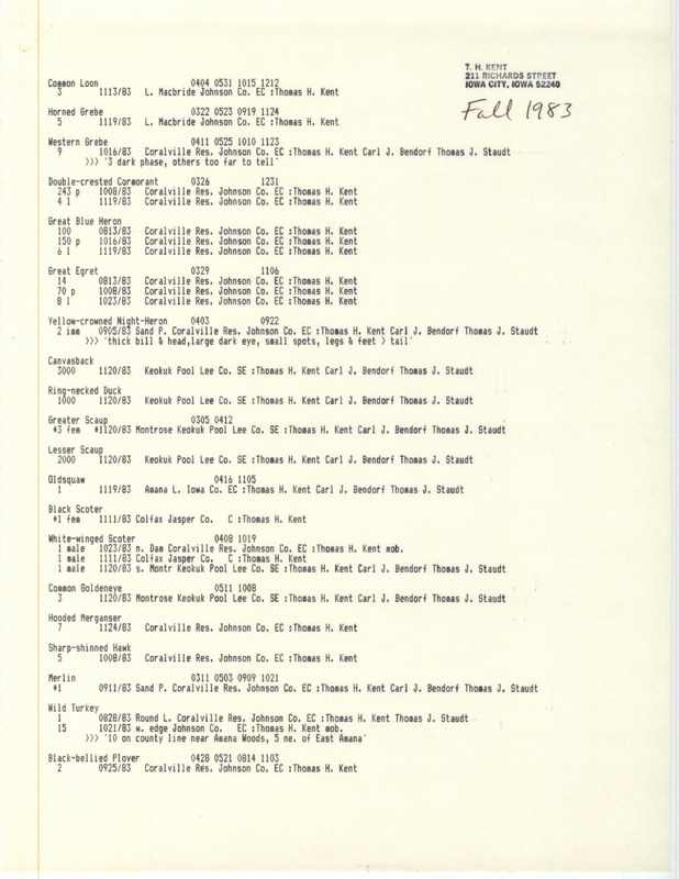 An annotated list of birds sighted by Thomas Kent and others. This item was used as supporting documentation for the Iowa Ornithologists Union Quarterly field report of fall 1983.