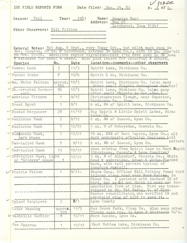 An annotated list of birds sighted by Douglas Harr and others. This item was used as supporting documentation for the Iowa Ornithologists Union Quarterly field report of fall 1983.