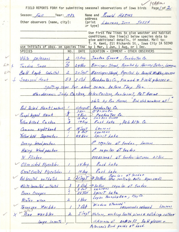 An annotated list of birds sighted by Ronald Harms and others. This item was used as supporting documentation for the Iowa Ornithologists Union Quarterly field report of fall 1983.