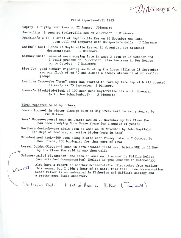 An annotated list of birds sighted by Jim Dinsmore and others. This item was used as supporting documentation for the Iowa Ornithologists Union Quarterly field report of fall 1983.