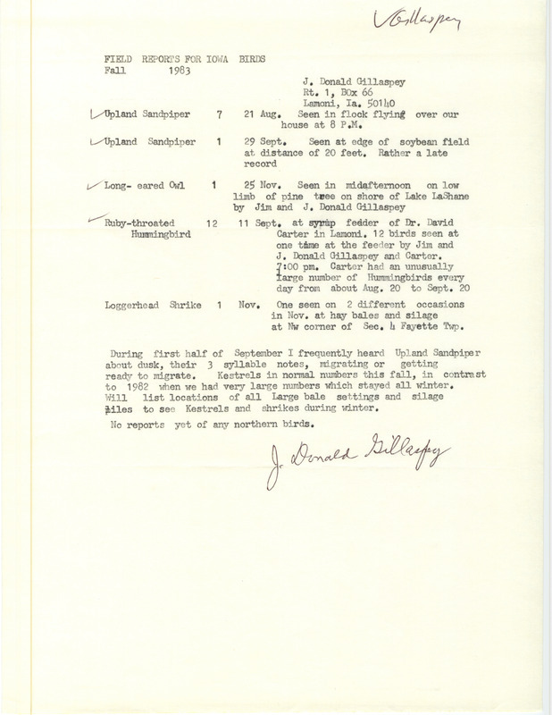 An annotated list of birds sighted by J. Donald Gillaspey. This item was used as supporting documentation for the Iowa Ornithologists Union Quarterly field report of fall 1983.